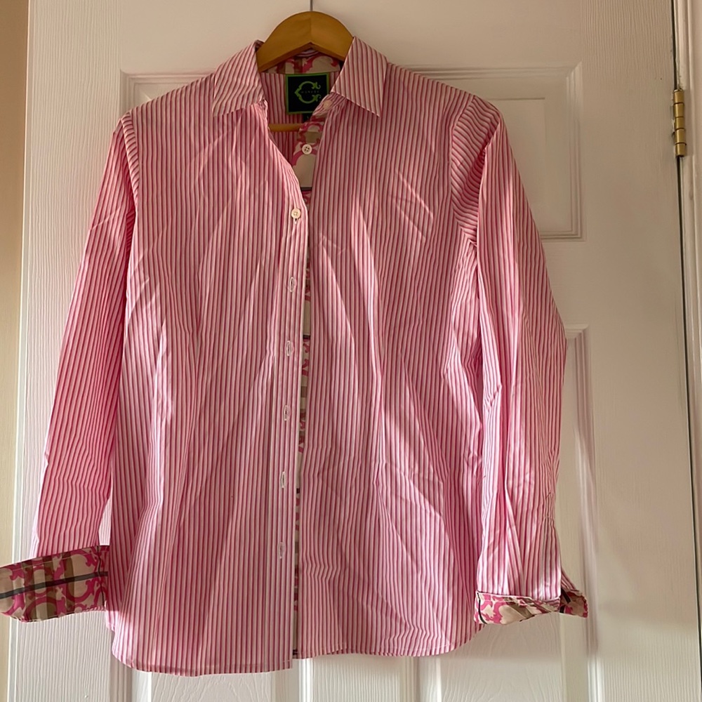 Pink and white pinstripe button down blouse